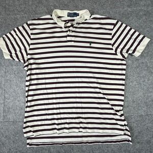 Polo Ralph Lauren Polo Shirt Mens XL Cream Navy Burgundy Striped Short Sleeve
